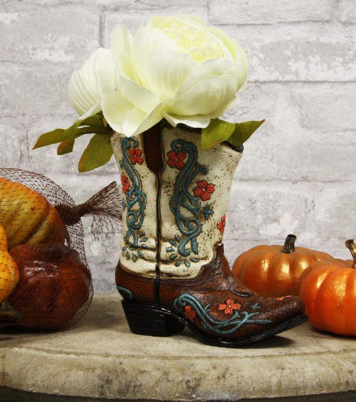 ebros gift Ebros Gift 7" Tall Rustic Western Cowgirl Teal White Floral Boot Decorative Figurine Holder As Flower Vase or Stationery Pen Pencil Organizer As Home Centerpiece Statue Accent