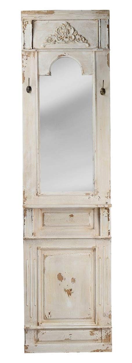 Ebros Gift Ebros Gift 76" High Off White Distressed Fir Wood Rustic Vintage Antique Finish Wall Decorative Mirror With Oversized Frame And Two Hooks Bathroom Vanity Mudroom Entryway Living Room Decorative Accent
