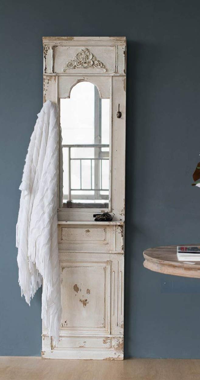 ebros gift Ebros Gift 76" High Off White Distressed Fir Wood Rustic Vintage Antique Finish Wall Decorative Mirror With Oversized Frame And Two Hooks Bathroom Vanity Mudroom Entryway Living Room Decorative Accent