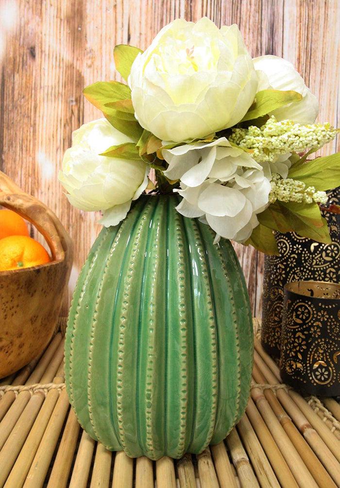 ebros gift Ebros Gift 8" Tall Glazed Ceramic Dolomite Contemporary Desert Bulbous Cactus Floral Vase with Ribbed Textured Surface As Mantelpiece Countertop Bar Table Decorative Accent Sculpture Cacti Shaped