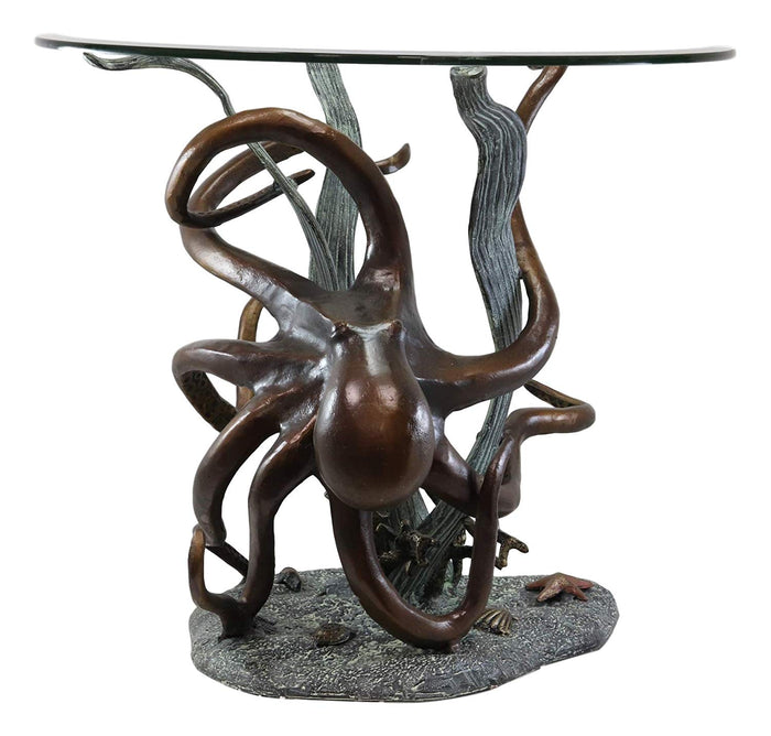 Ebros Gift Ebros Gift Aluminum Metal Nautical Ocean Deep Sea Octopus Wrapping Around Seagrass With Starfish Round Side Coffee Table With Glass Top Furniture Collectible Fantasy Kraken Monster Tables