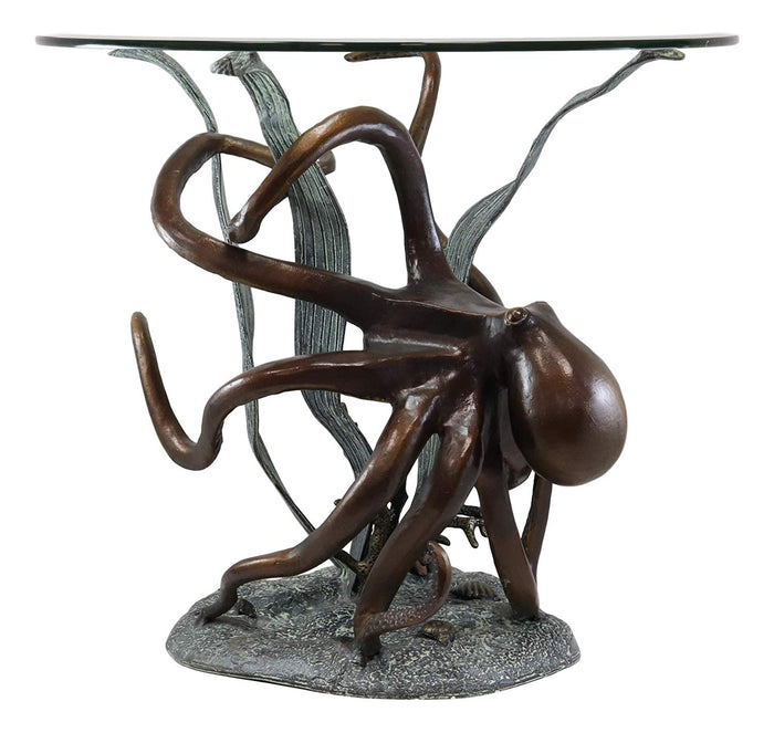 Ebros Gift Ebros Gift Aluminum Metal Nautical Ocean Deep Sea Octopus Wrapping Around Seagrass With Starfish Round Side Coffee Table With Glass Top Furniture Collectible Fantasy Kraken Monster Tables