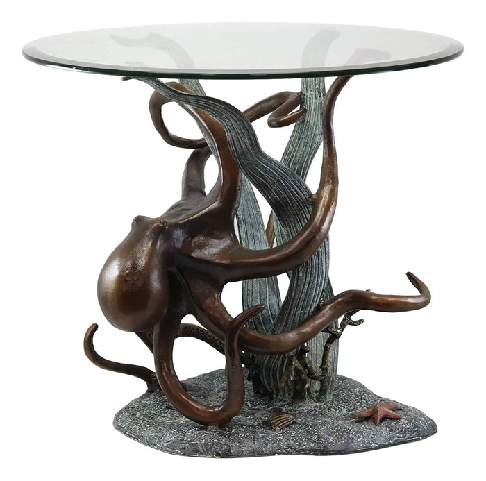Ebros Gift Ebros Gift Aluminum Metal Nautical Ocean Deep Sea Octopus Wrapping Around Seagrass With Starfish Round Side Coffee Table With Glass Top Furniture Collectible Fantasy Kraken Monster Tables