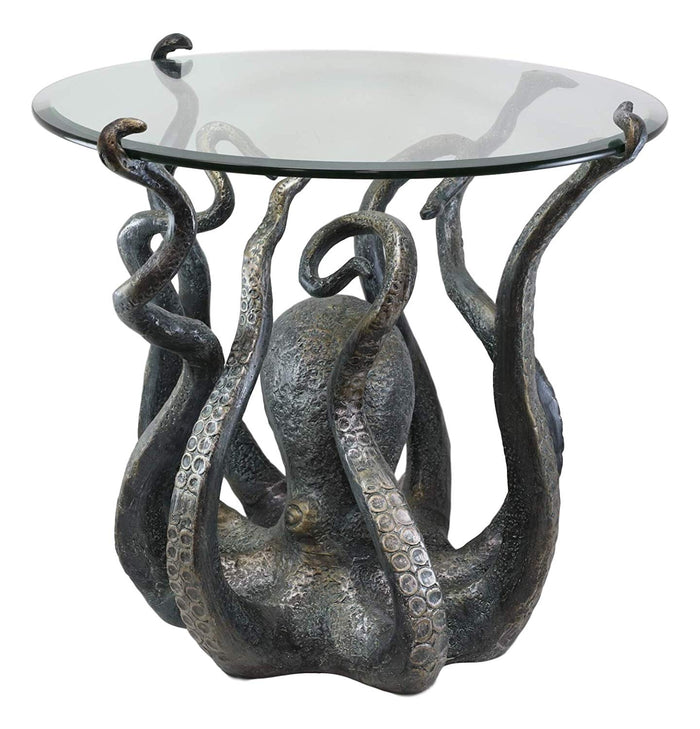 Ebros Gift Ebros Gift Aluminum Metal Nautical Ocean Deep Sea Octopus With Raised Tentacle Legs Round Side Coffee Table With Glass Top Furniture Collectible Fantasy Kraken Monster End Tables For Home And Office