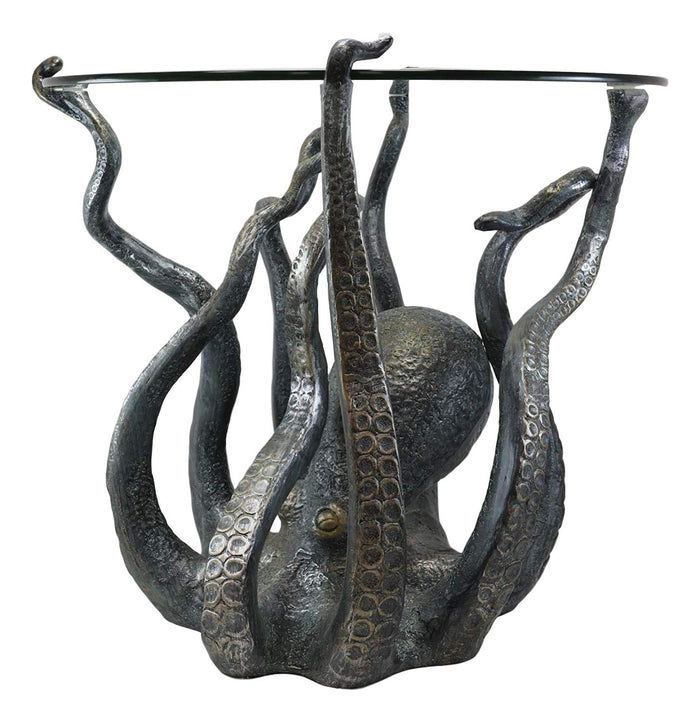Ebros Gift Ebros Gift Aluminum Metal Nautical Ocean Deep Sea Octopus With Raised Tentacle Legs Round Side Coffee Table With Glass Top Furniture Collectible Fantasy Kraken Monster End Tables For Home And Office