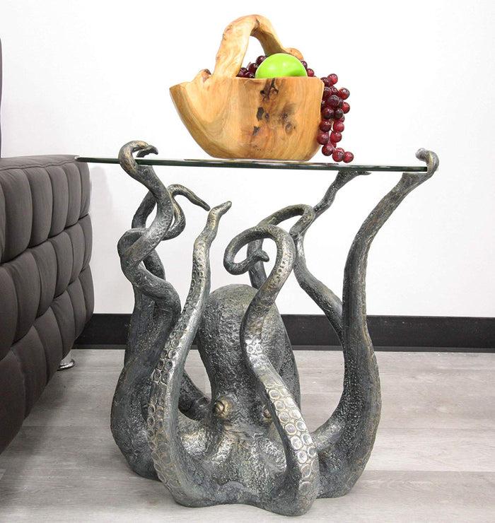Ebros Gift Ebros Gift Aluminum Metal Nautical Ocean Deep Sea Octopus With Raised Tentacle Legs Round Side Coffee Table With Glass Top Furniture Collectible Fantasy Kraken Monster End Tables For Home And Office