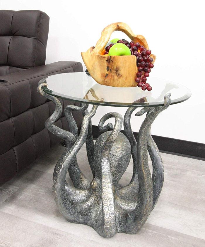 ebros gift Ebros Gift Aluminum Metal Nautical Ocean Deep Sea Octopus with Raised Tentacle Legs Round Side Coffee Table with Glass Top Furniture Collectible Fantasy Kraken Monster End Tables for Home and Office