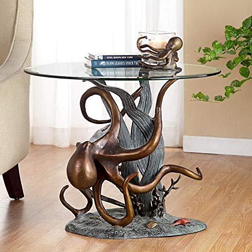 ebros gift Ebros Gift Aluminum Metal Nautical Ocean Deep Sea Octopus Wrapping Around Seagrass with Starfish Round Side Coffee Table with Glass Top Furniture Collectible Fantasy Kraken Monster Tables