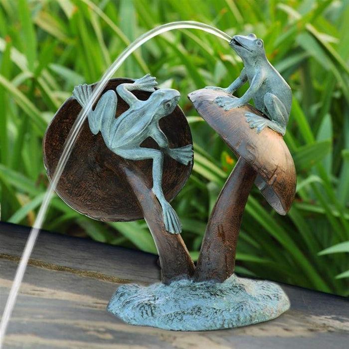 ebros gift Ebros Gift Aluminum Metal Two Climbing Pond Frogs On Giant Fungi Mushrooms Water Spitter Fountain Garden Statue Elegant Outdoors Patio Lawn Poolside Decor Accent Figurine