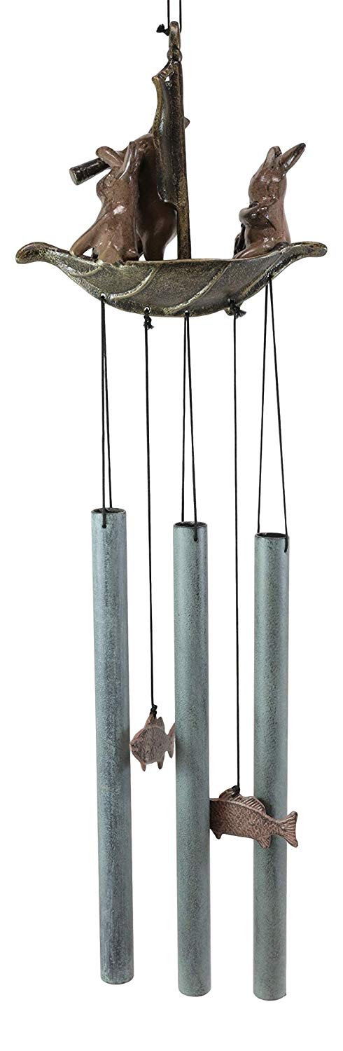 Ebros Gift Ebros Gift Aluminum Whimsical Bunny Rabbit Explorers On A Sail Boat With Telescope Tube Wind Chime Sculpture With Hanging Fish Ornaments 25.5" Tall Garden Lawn Patio Home Pool Deck Accent Decor