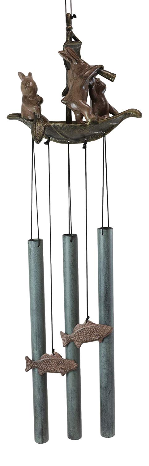Ebros Gift Ebros Gift Aluminum Whimsical Bunny Rabbit Explorers On A Sail Boat With Telescope Tube Wind Chime Sculpture With Hanging Fish Ornaments 25.5" Tall Garden Lawn Patio Home Pool Deck Accent Decor