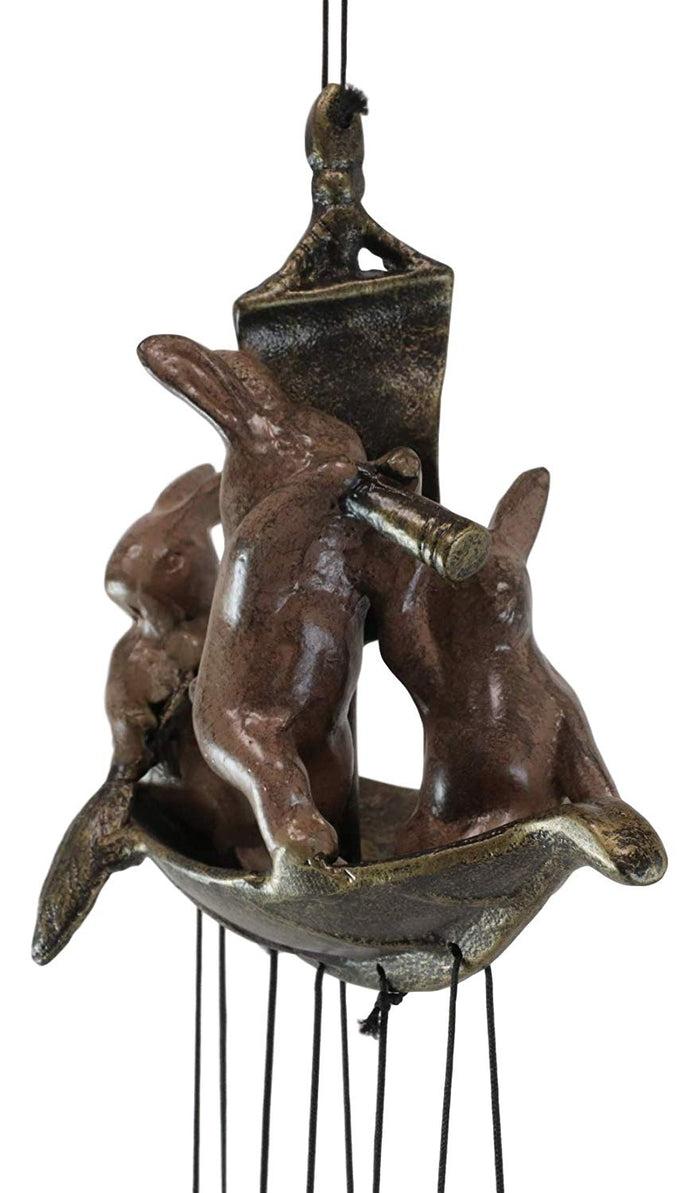 Ebros Gift Ebros Gift Aluminum Whimsical Bunny Rabbit Explorers On A Sail Boat With Telescope Tube Wind Chime Sculpture With Hanging Fish Ornaments 25.5" Tall Garden Lawn Patio Home Pool Deck Accent Decor