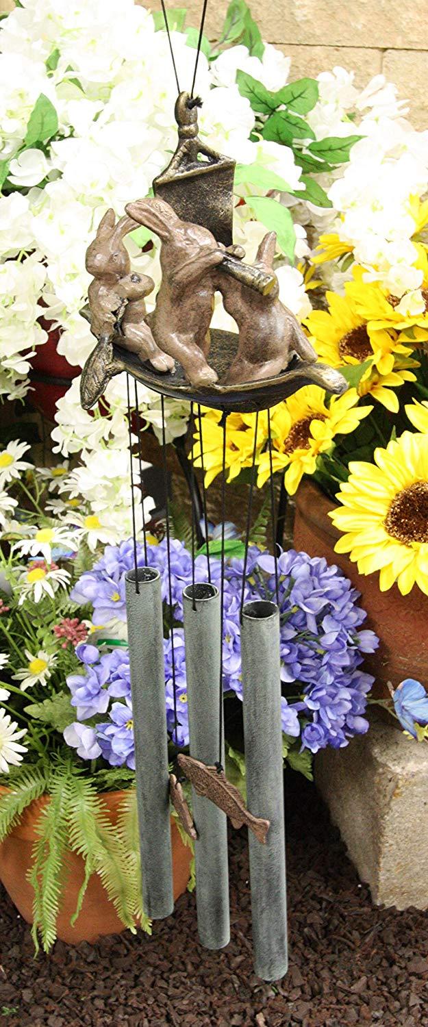ebros gift Ebros Gift Aluminum Whimsical Bunny Rabbit Explorers On A Sail Boat with Telescope Tube Wind Chime Sculpture with Hanging Fish Ornaments 25.5" Tall Garden Lawn Patio Home Pool Deck Accent Decor