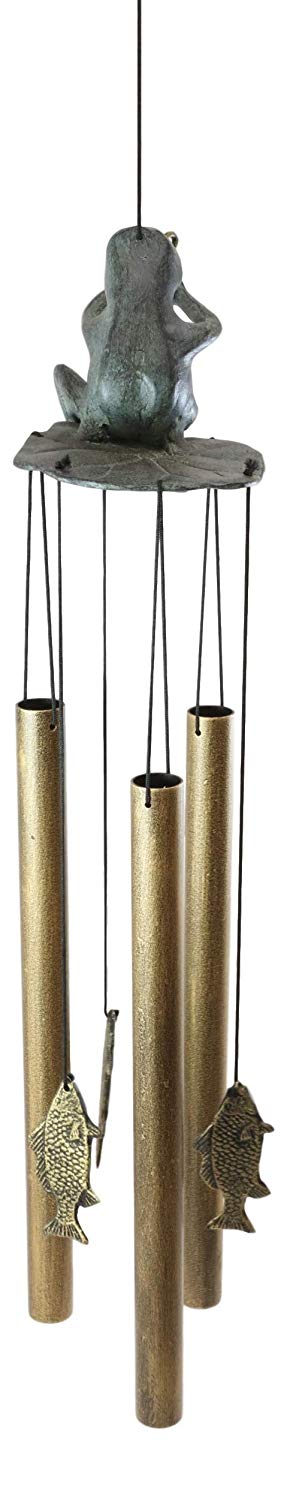 Ebros Gift Ebros Gift Aluminum Whimsical Summer Pastime Green Frog Fishing In The Pond Resonant Tube Wind Chime Sculpture 22" Tall Outdoors Garden Lawn Patio Home Pool Deck Accent Decor