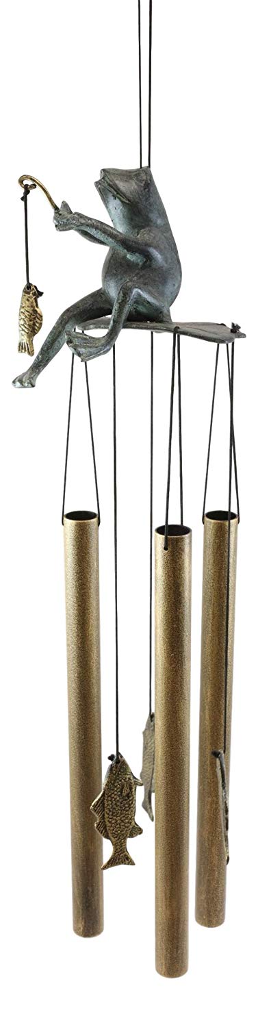 Ebros Gift Ebros Gift Aluminum Whimsical Summer Pastime Green Frog Fishing In The Pond Resonant Tube Wind Chime Sculpture 22" Tall Outdoors Garden Lawn Patio Home Pool Deck Accent Decor