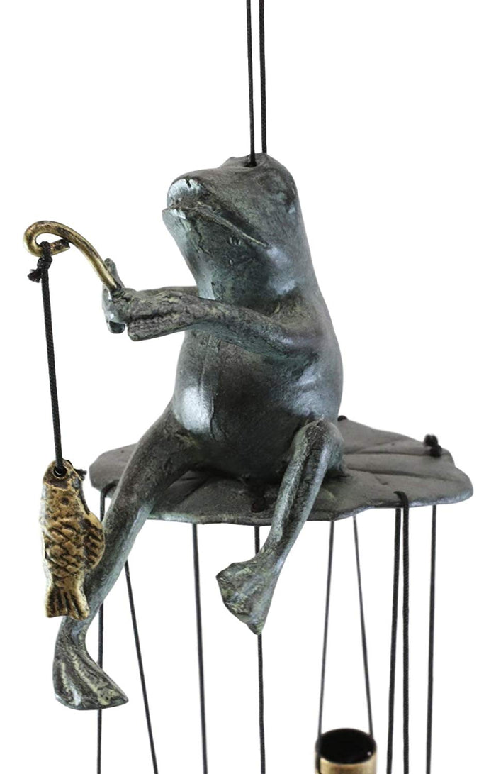 Ebros Gift Ebros Gift Aluminum Whimsical Summer Pastime Green Frog Fishing In The Pond Resonant Tube Wind Chime Sculpture 22" Tall Outdoors Garden Lawn Patio Home Pool Deck Accent Decor