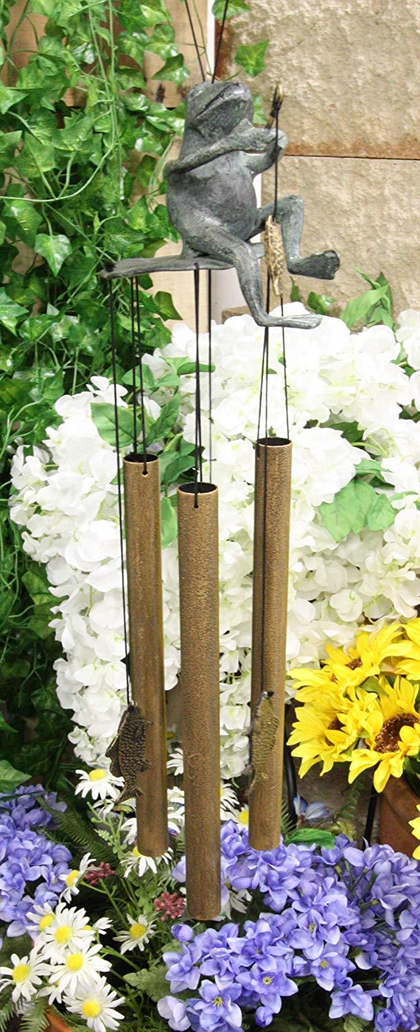 ebros gift Ebros Gift Aluminum Whimsical Summer Pastime Green Frog Fishing in The Pond Resonant Tube Wind Chime Sculpture 22" Tall Outdoors Garden Lawn Patio Home Pool Deck Accent Decor