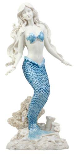 ebros gift Ebros Gift Aqua Blue Tailed Ocean Mermaid Figurine 11.75" H Aquamarine Goddess Standing On Coral Reef Decorative Statue