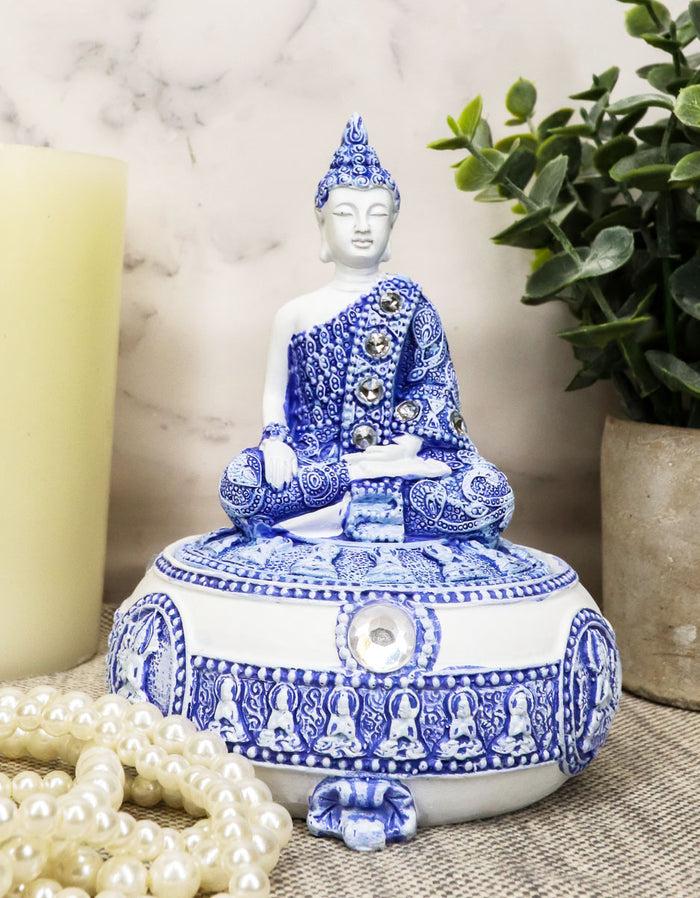 Ebros Gift Ebros Gift Bhumisparsha Mudra Buddha Amitabha Meditating Terracotta Blue And White Round Jewelry Box Figurine 5.25" Diameter Buddhist Eastern Enlightenment Trinket Box Accessory Feng Shui Decor