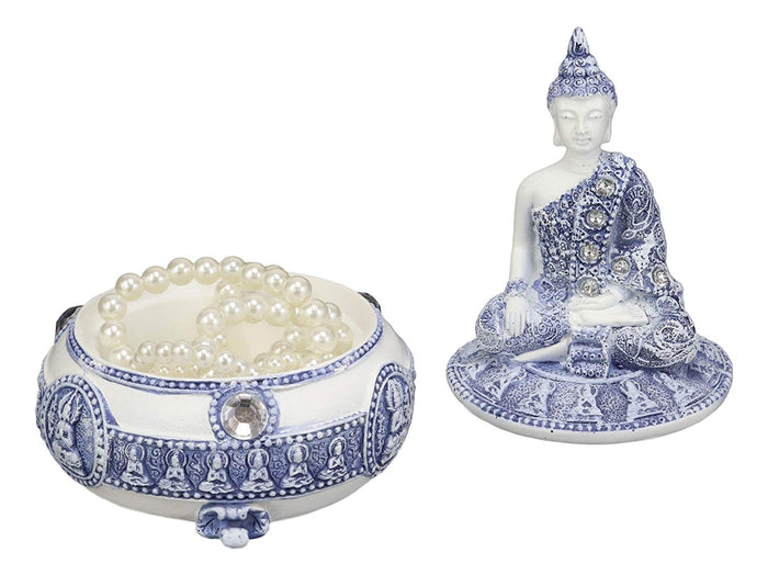 Ebros Gift Ebros Gift Bhumisparsha Mudra Buddha Amitabha Meditating Terracotta Blue And White Round Jewelry Box Figurine 5.25" Diameter Buddhist Eastern Enlightenment Trinket Box Accessory Feng Shui Decor