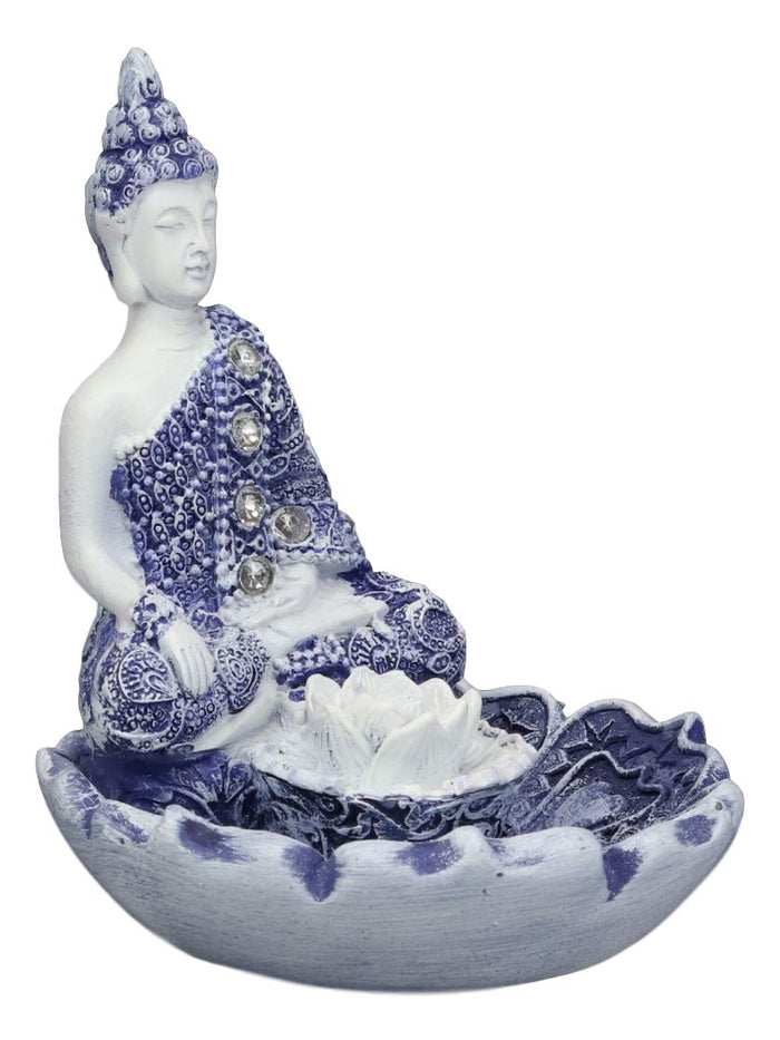 Ebros Gift Ebros Gift Bhumisparsha Mudra Buddha Amitabha Meditating By Padma Lotus Flower Incense Holder Burner Figurine In Terracotta Blue And White 4.25" High Buddhist Eastern Enlightenment Feng Shui Decor