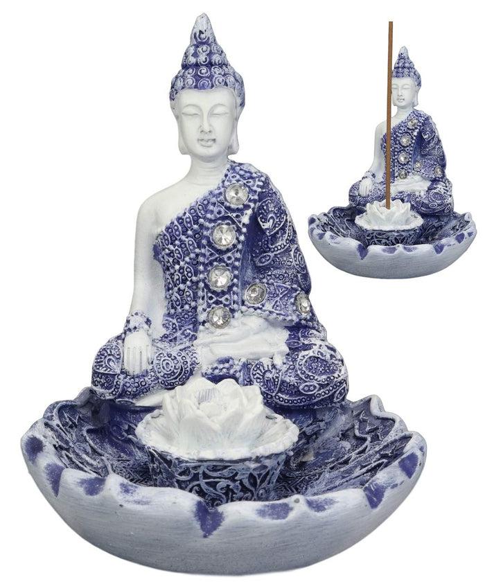 Ebros Gift Ebros Gift Bhumisparsha Mudra Buddha Amitabha Meditating By Padma Lotus Flower Incense Holder Burner Figurine In Terracotta Blue And White 4.25" High Buddhist Eastern Enlightenment Feng Shui Decor