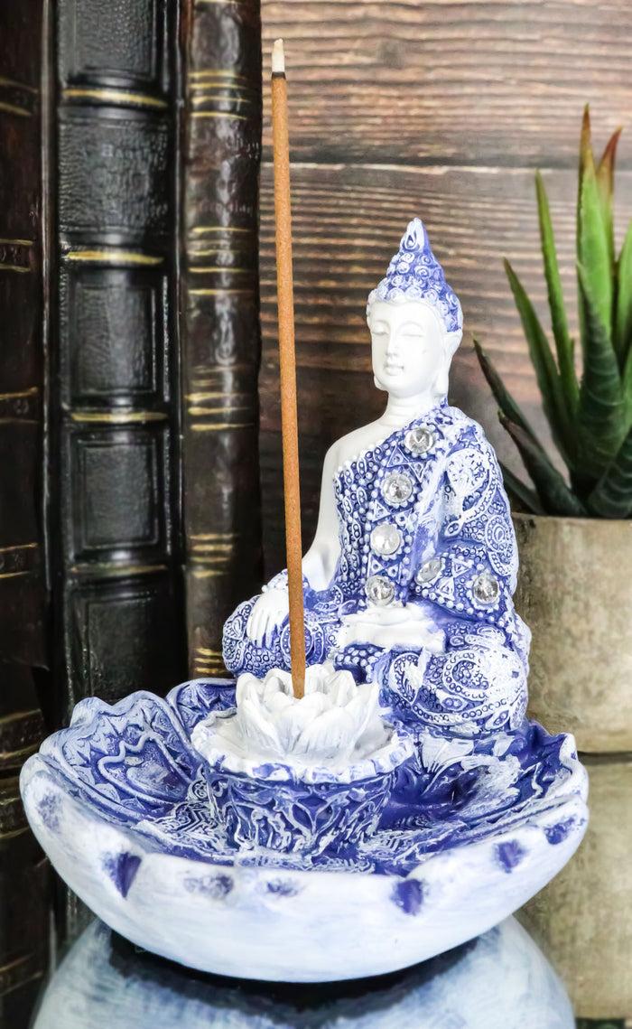 ebros gift Ebros Gift Bhumisparsha Mudra Buddha Amitabha Meditating by Padma Lotus Flower Incense Holder Burner Figurine in Terracotta Blue and White 4.25" High Buddhist Eastern Enlightenment Feng Shui Decor