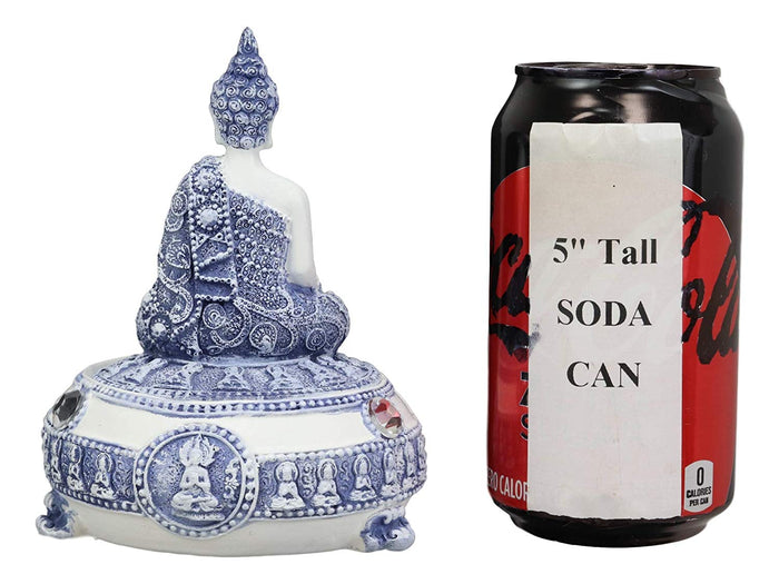 Ebros Gift Ebros Gift Bhumisparsha Mudra Buddha Amitabha Meditating Terracotta Blue And White Round Jewelry Box Figurine 5.25" Diameter Buddhist Eastern Enlightenment Trinket Box Accessory Feng Shui Decor