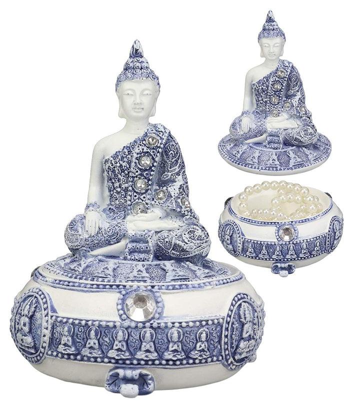 ebros gift Ebros Gift Bhumisparsha Mudra Buddha Amitabha Meditating Terracotta Blue and White Round Jewelry Box Figurine 5.25" Diameter Buddhist Eastern Enlightenment Trinket Box Accessory Feng Shui Decor