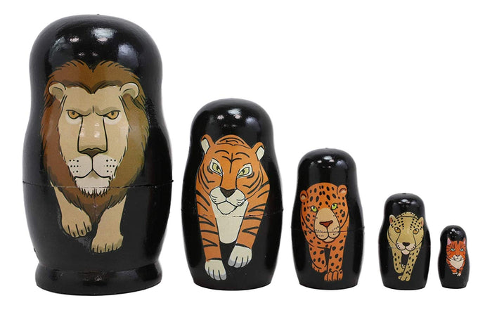 Ebros Gift Ebros Gift Black Safari Jungle Animals Cats Lion Tiger Cheetah Jaguar Tabby Cat Wooden Toy Stacking Nesting Dolls 5 Piece Set Hand Painted Wood Decorative Collectible Matryoshka Doll Toys