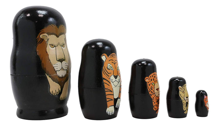 Ebros Gift Ebros Gift Black Safari Jungle Animals Cats Lion Tiger Cheetah Jaguar Tabby Cat Wooden Toy Stacking Nesting Dolls 5 Piece Set Hand Painted Wood Decorative Collectible Matryoshka Doll Toys