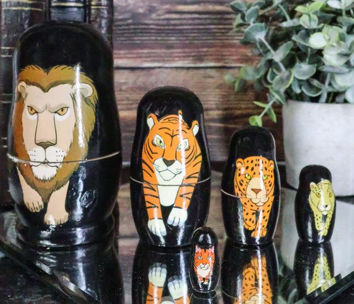 ebros gift Ebros Gift Black Safari Jungle Animals Cats Lion Tiger Cheetah Jaguar Tabby Cat Wooden Toy Stacking Nesting Dolls 5 Piece Set Hand Painted Wood Decorative Collectible Matryoshka Doll Toys