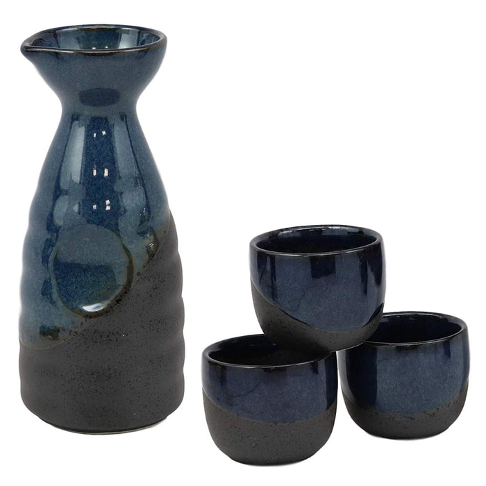 ebros gift Ebros Gift Blue And Black Horizon Sky Glazed Ceramic Pottery Heaven And Earth 'Ten To Ji' Design Japanese Rice Wine Sake Set 4 Pieces Of 1 Tokkuri Serving Flask 10oz With 3 Ochoko Cups 2oz