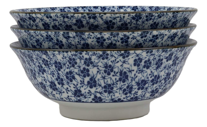 Ebros Gift Ebros Gift Blue And White Ming Style Floral Petals Ceramic Bowls Pack Of 3 Ramen Pho Soup Bowl Set 32oz 8"Diameter Made In Japan