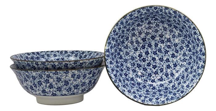 ebros gift Ebros Gift Blue And White Ming Style Floral Petals Ceramic Bowls Pack Of 3 Ramen Pho Soup Bowl Set 32oz 8"Diameter Made In Japan