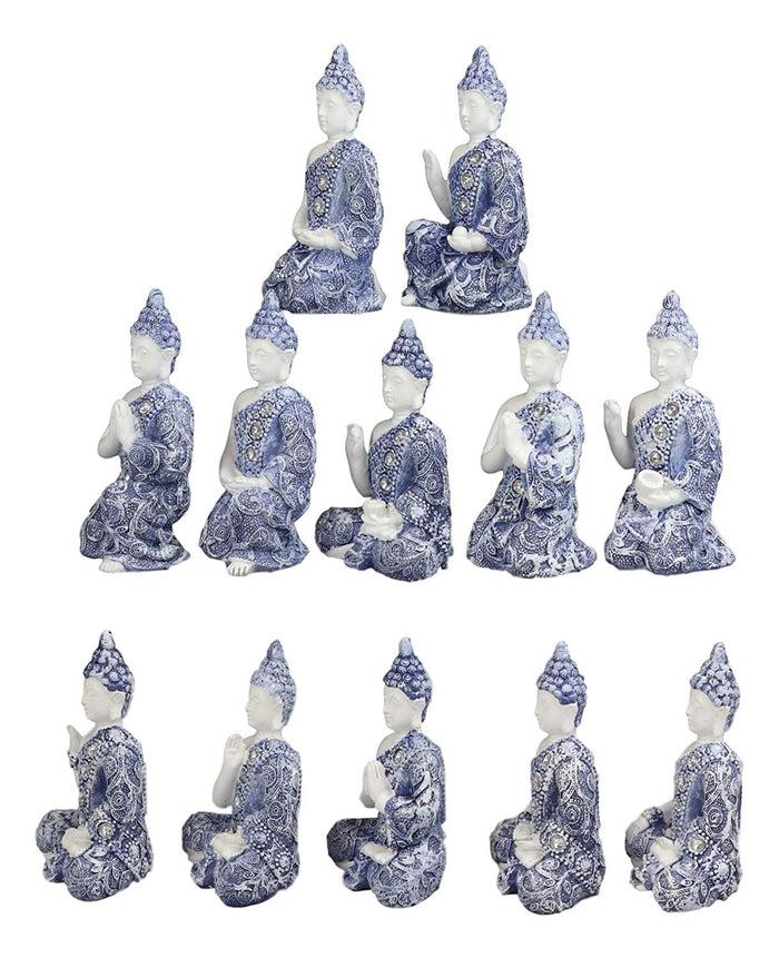 Ebros Gift Ebros Gift Blue And White Terracotta Ming Style Miniature Meditating Buddha Amitabha Figurine Set Of 12 In Different Mudra Poses Collectible 3.25" Tall Eastern Enlightenment Feng Shui Buddhist Monks