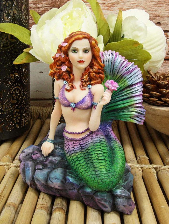 ebros gift Ebros Gift Brigid Ashwood Fantasy Art Colorful Pastel Nautical Siren Mermaid Ocean Celtic Stone Holding Pink Rose Statue 6" Tall Sea Beach Princess Mermaids Decorative Accent Resin Figurine