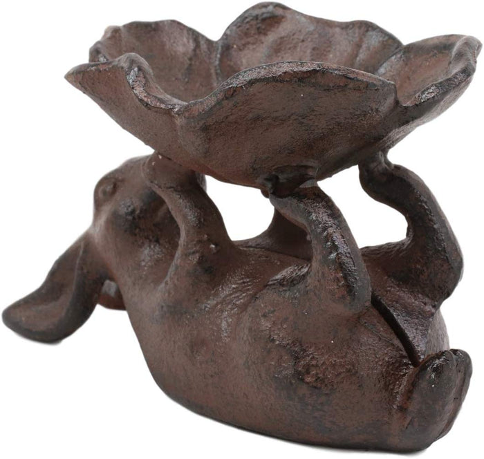 Ebros Gift Ebros Gift Cast Iron Whimsical Bunny Rabbit Suspending Flower Petals Dish Bowl Garden Bird Bath Feeder Decor Statue 7.25" Long For Pool Patio Lawn Outdoors Decorative Accent