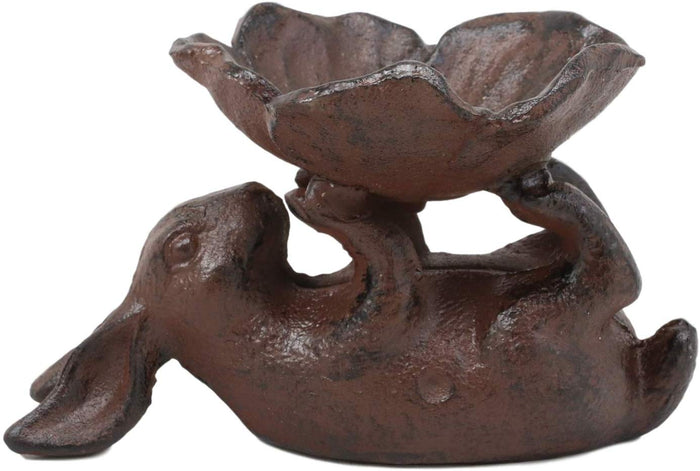 Ebros Gift Ebros Gift Cast Iron Whimsical Bunny Rabbit Suspending Flower Petals Dish Bowl Garden Bird Bath Feeder Decor Statue 7.25" Long For Pool Patio Lawn Outdoors Decorative Accent