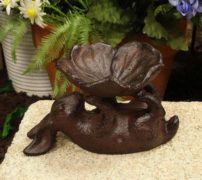 ebros gift Ebros Gift Cast Iron Whimsical Bunny Rabbit Suspending Flower Petals Dish Bowl Garden Bird Bath Feeder Decor Statue 7.25" Long for Pool Patio Lawn Outdoors Decorative Accent