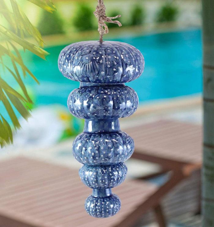 ebros gift Ebros Gift Ceramic Cobalt Blue Nautical Stylized Jellyfish Mobile Wind Chime With Patterned Hand Painting Of Sea Urchins Starfish Shells Deck Patio Pool Garden Outdoor Coastal Ocean Beach Theme Accent