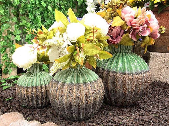 ebros gift Ebros Gift Ceramic Dolomite Contemporary Golden Barrel Cactus Floral Vase with Ribbed Textured Surface As Mantelpiece Countertop Bar Table Decorative Accent Sculpture Cacti Shaped (Set of 3 Vases)