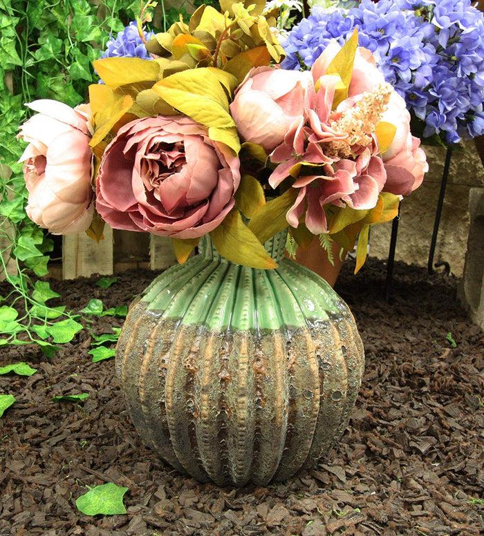 ebros gift Ebros Gift Ceramic Dolomite Contemporary Golden Barrel Cactus Floral Vase with Ribbed Textured Surface As Mantelpiece Countertop Bar Table Decorative Accent Sculpture Cacti Shaped (11" H Large)