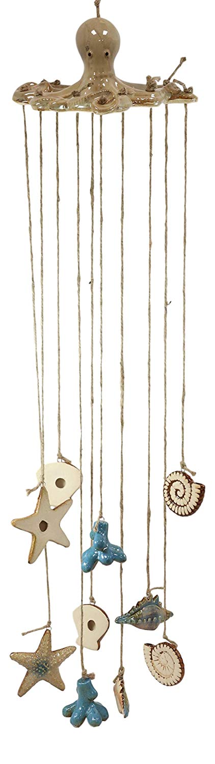Ebros Gift Ebros Gift Ceramic Nautical Ocean Sand Tan Octopus With Corals Starfish And Shells Wind Chime Mobile Sculptures Marine Life Beach Decorative Hanging Mobiles Garden Patio Pool Deck Accents