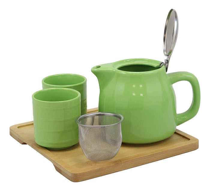 Ebros Gift Ebros Gift Colorful Bright Green Contemporary Ceramic Double Walled 20 Fl Oz Tea Pot With 2 Matching Mugs And Bamboo Accent Serving Tray As Kitchen Dining Home Decor Novelty Teapot Sets