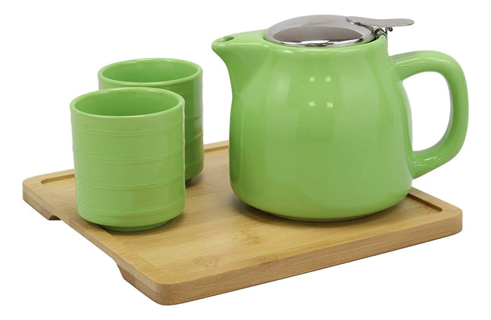 ebros gift Ebros Gift Colorful Bright Green Contemporary Ceramic Double Walled 20 fl oz Tea Pot With 2 Matching Mugs And Bamboo Accent Serving Tray As Kitchen Dining Home Decor Novelty Teapot Sets