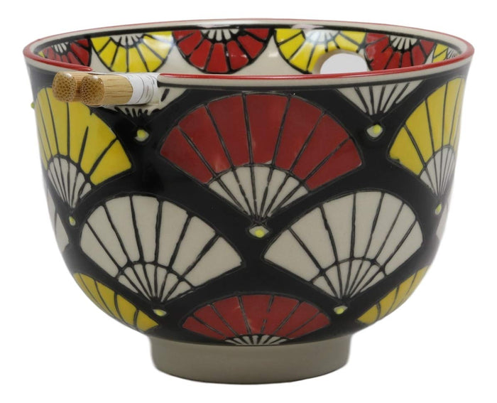 Ebros Gift Ebros Gift Colorful Oriental Fans Ramen Udong Noodles 5" Diameter Bowl With Built In Chopsticks Rest And Bamboo Chopstick Set For Dining Soup Rice Meal Bowls Decor Kitchen