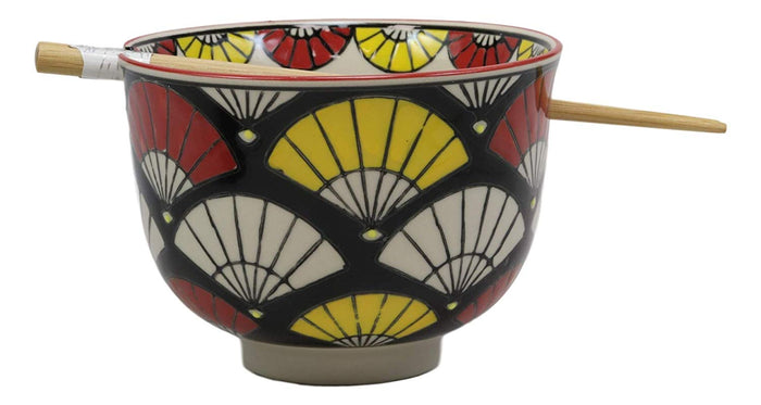 Ebros Gift Ebros Gift Colorful Oriental Fans Ramen Udong Noodles 5" Diameter Bowl With Built In Chopsticks Rest And Bamboo Chopstick Set For Dining Soup Rice Meal Bowls Decor Kitchen