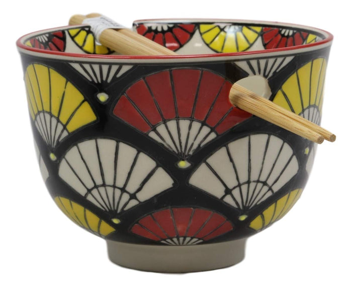 Ebros Gift Ebros Gift Colorful Oriental Fans Ramen Udong Noodles 5" Diameter Bowl With Built In Chopsticks Rest And Bamboo Chopstick Set For Dining Soup Rice Meal Bowls Decor Kitchen