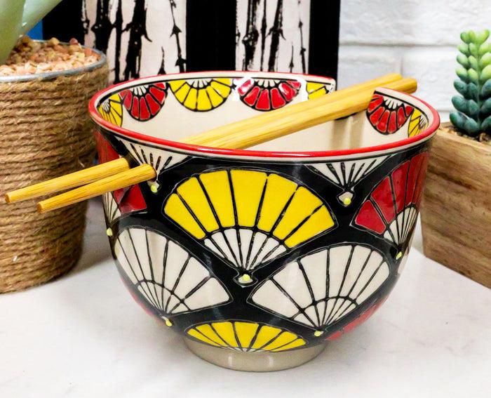 ebros gift Ebros Gift Colorful Oriental Fans Ramen Udong Noodles 5" Diameter Bowl With Built In Chopsticks Rest and Bamboo Chopstick Set for Dining Soup Rice Meal Bowls Decor Kitchen